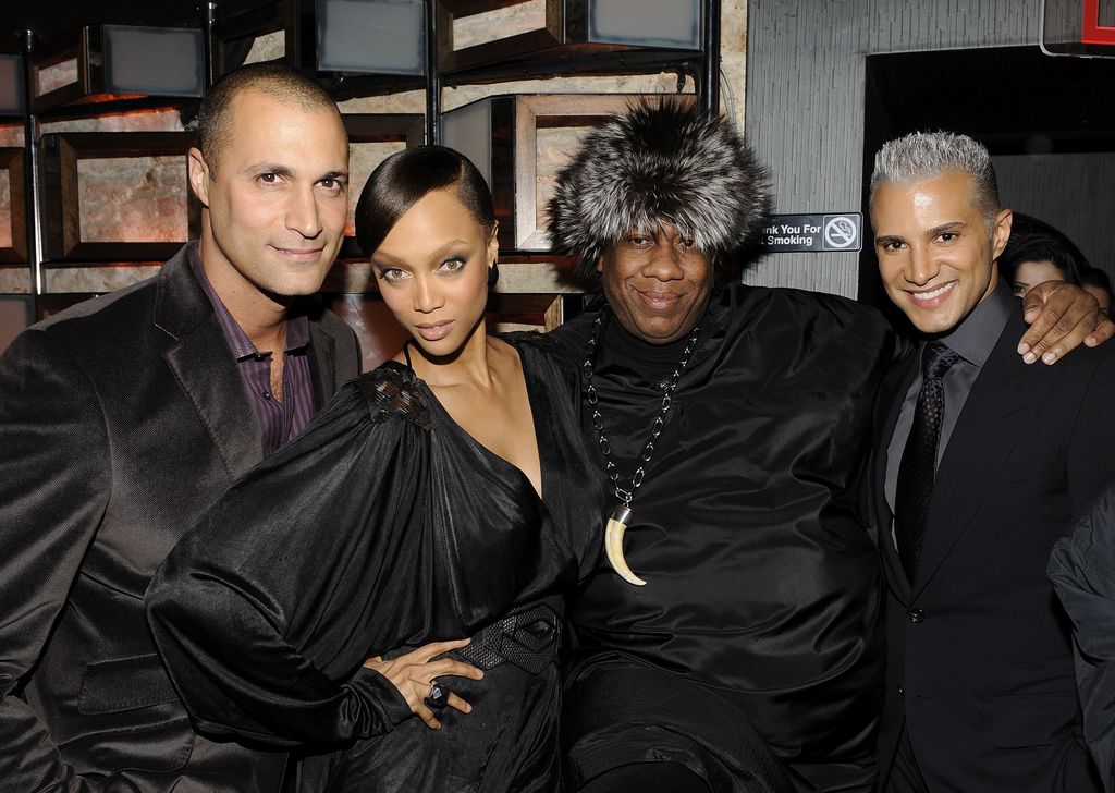 Image may contain Tyra Banks Nigel Barker Andr Leon Talley Clothing Coat Jacket Adult Person and Accessories
