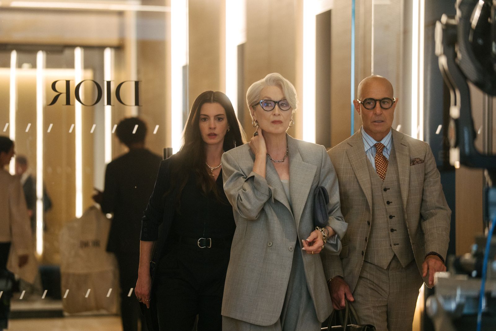 The Devil Wears Prada 2  Anne Hathaway as Andie Sachs Meryl Streep as Miranda Priestly and Stanley Tucci as Nigel Kipling.