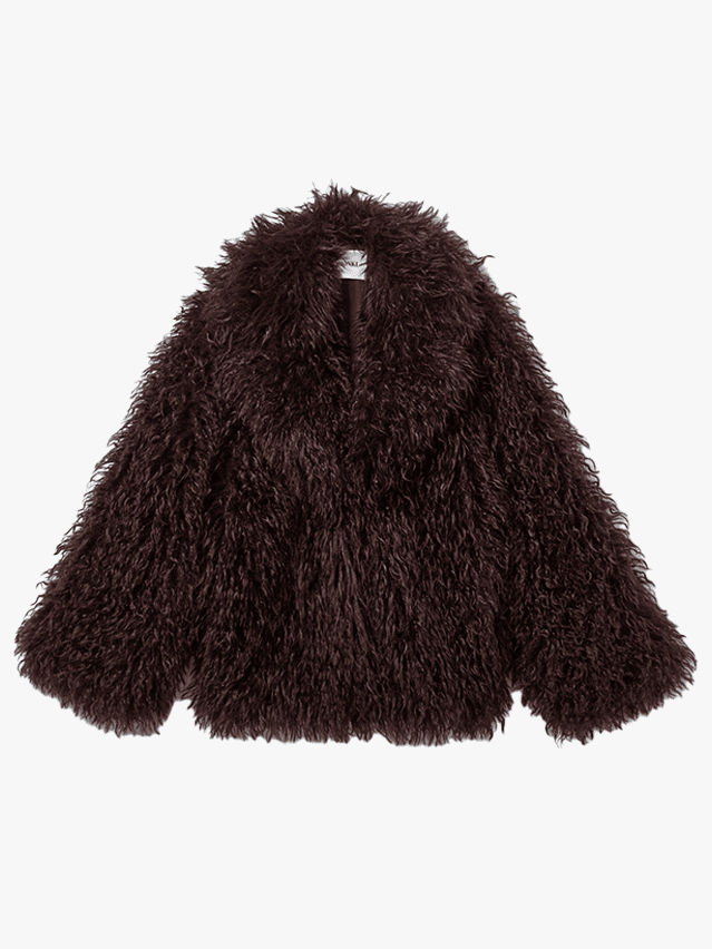 Image may contain Clothing Scarf Fashion Coat and Fur