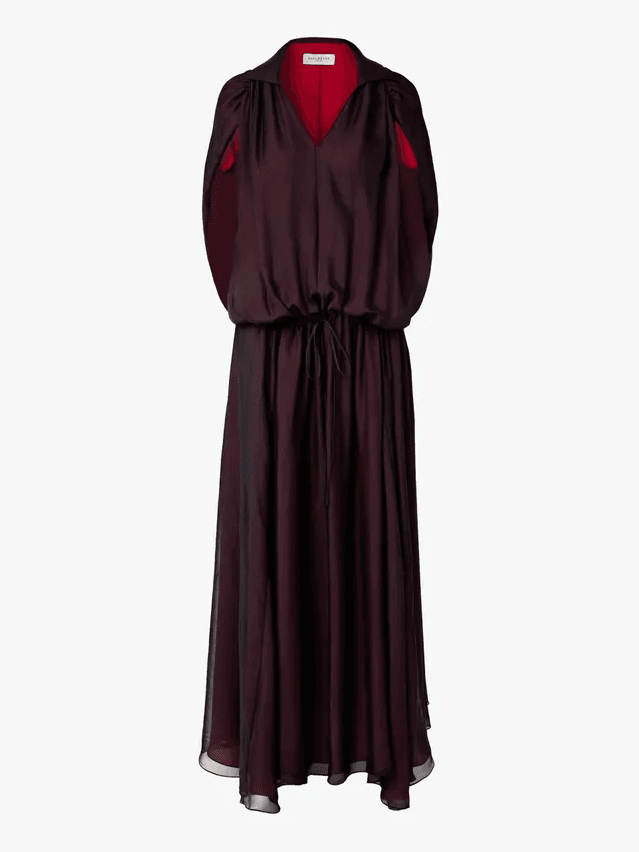 Image may contain: Fashion, Clothing, Long Sleeve, Sleeve, Adult, Person, Dress, Robe, and Blouse